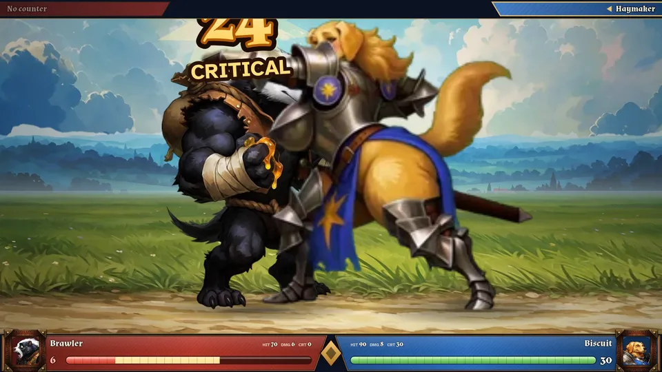 A golden retriever knight lands a critical hit
